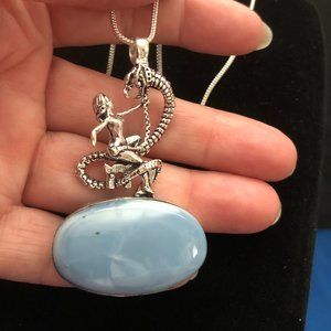 Natural Owyhee Blue Opal Gemstone 925 Sterling Silver Plated Dragon Necklace!